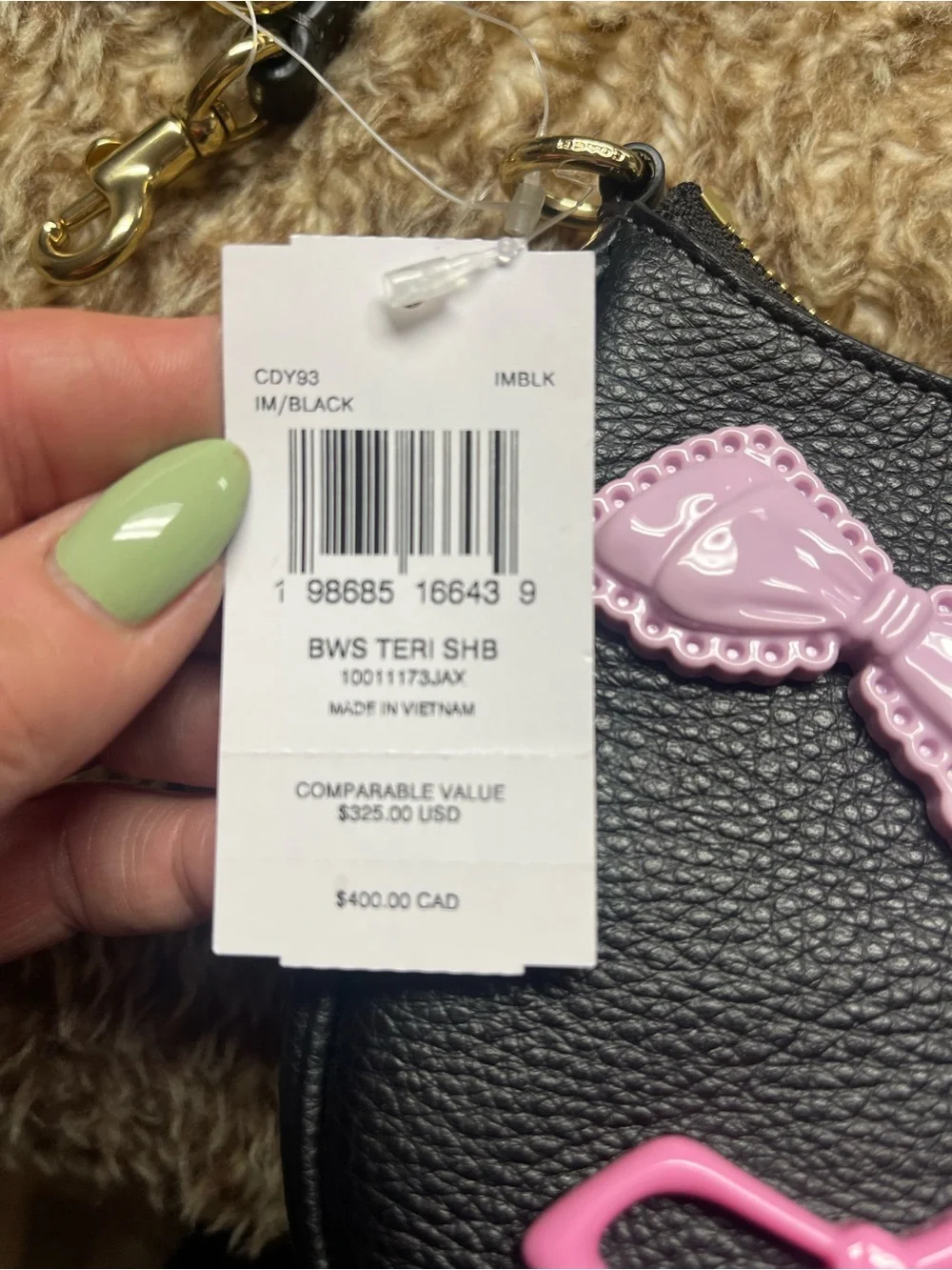 Coach Black Pebbled Leather Tag Charm with Gold-Tone Accent